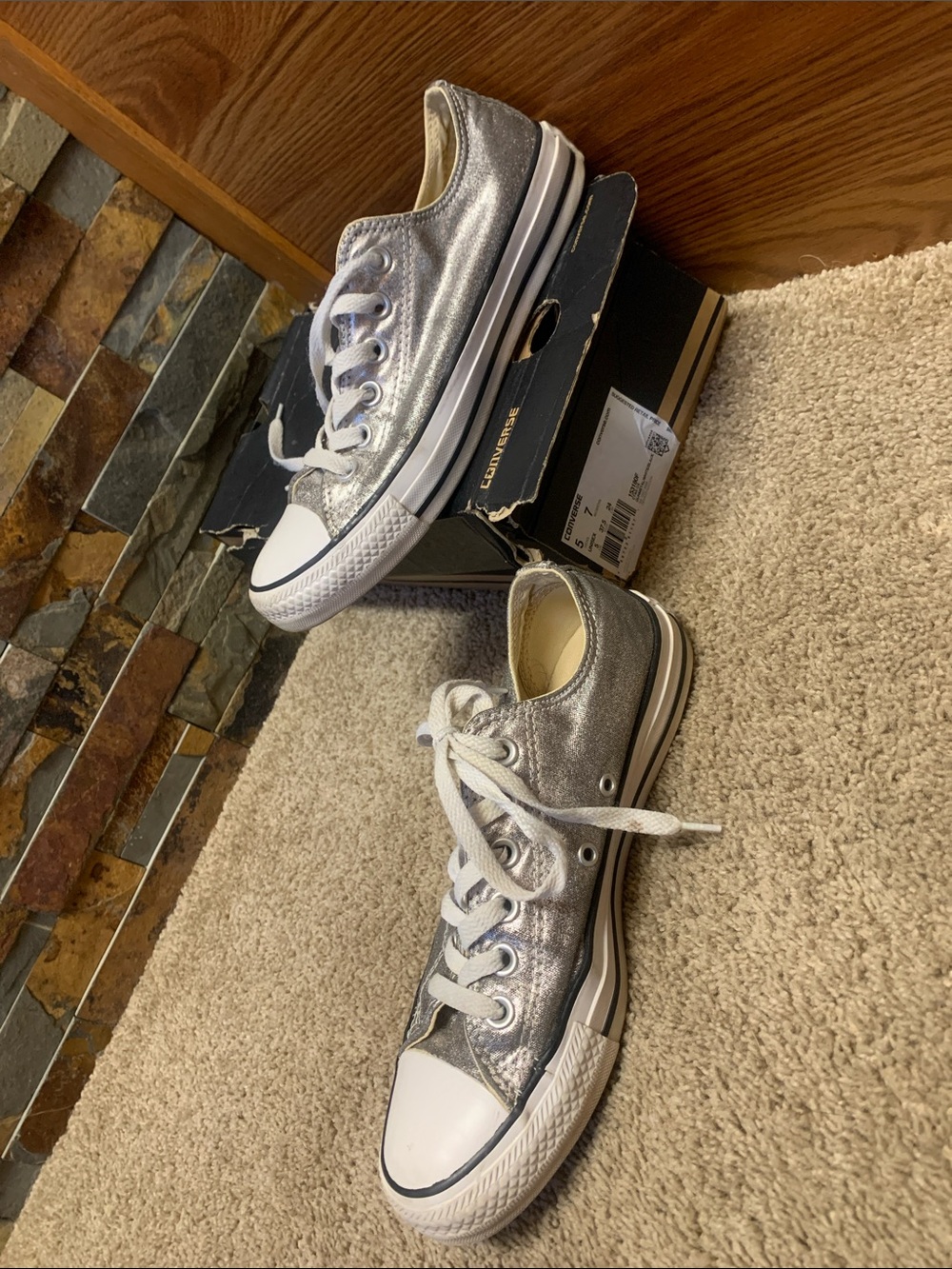 Converse Silver Metallic gunmetal gray Low Top Sneakers with White Accents 7 - Picture 3 of 8